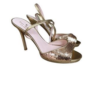 Kate Spade Frankie Size 8.5 Gold Sequins Metallic Leather Ankle Strap Sandals